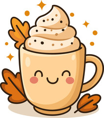 Cute illustration of a coffee cup with whipped cream and autumn leaves. Perfect for fall or cozy beverage-related projects, especially for kids’ content or seasonal designs.