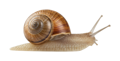 Slow-moving snail on leaf garden setting natural environment macro wildlife concept. Cut out PNG