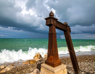 Wooden structure on a stormy beach