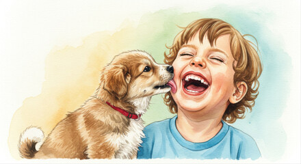 Happy child laughing with puppy licks in playful interaction indoors  