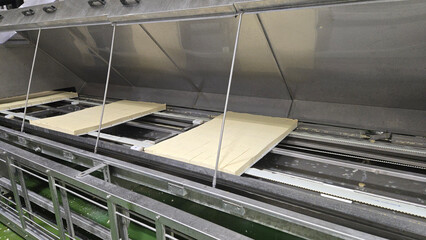 Fototapeta premium Conveyor belt with tofu in organic tofu production factory