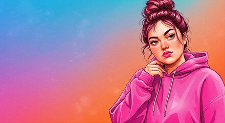 Young woman in pink looking thoughtfully against gradient background. plus size girl wearing hoodie