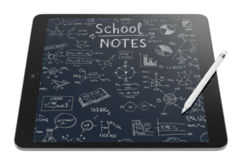 Studying science notes on a tablet in a modern classroom digital learning educational environment top technology integration. Cut out PNG