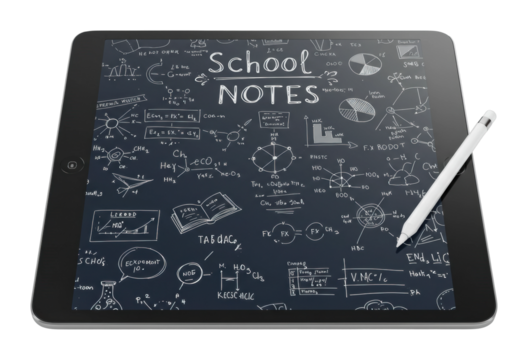 Studying science notes on a tablet in a modern classroom digital learning educational environment top technology integration. Cut out PNG - Powered by Adobe