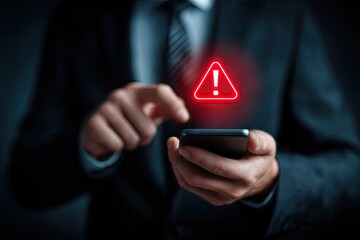 Businessman interacts with phone, red alert