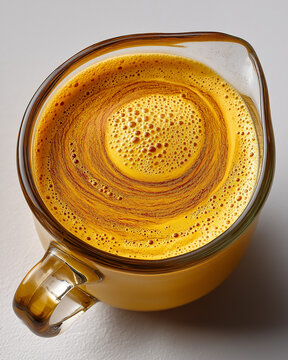 Golden milk latte, frothy turmeric beverage, creamy spiced drink, healthy warm elixir