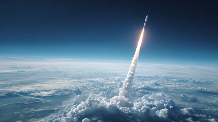 Dramatic rocket launch piercing a blanket of clouds with a backdrop of deep blue sky