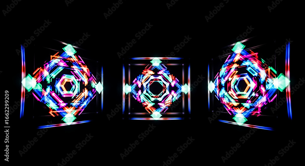 Fototapete three illuminated kaleidoscopic structures against a dark background creating a vibrant effect ai ge