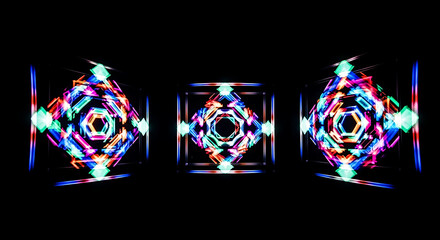 Three illuminated kaleidoscopic structures against a dark background creating a vibrant effect ai generated