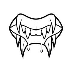Line art illustration of vampire fangs with dripping blood for graphic design projects