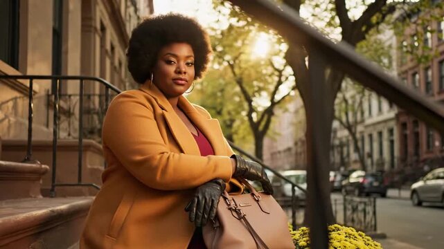 thick black woman - A confident woman with an elegant coat and gloves sits on a staircase in an urban neighborhood, basking in the warm glow of a sunset amidst blooming flowers