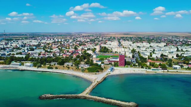 Aerial footage of Mangalia beach in Constanta county - Romania