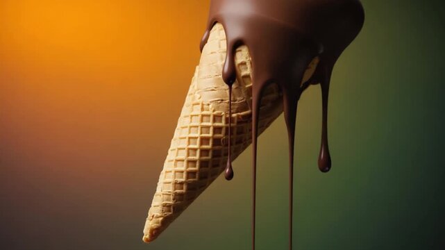 A delicious ice cream cone with dripping chocolate sauce against a vibrant gradient background