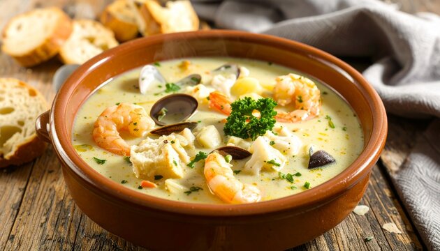 Acorda de Mariscos Seafood Bread Soup. Portuguese Cuisine