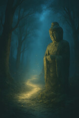 Ancient Stone Statue Amidst Misty Forest with Glowing Path
