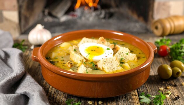 Acorda Alentejana Bread Soup with Poached Egg and Garlic. Portuguese Cuisine