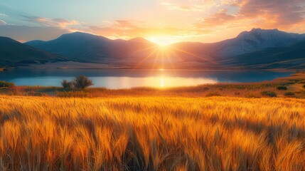 Naklejka premium A serene landscape showcases a golden wheat field at sunset, reflecting on a tranquil lake nestled amongst majestic mountains.
