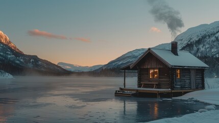 Fototapeta premium Winter sunset over a lakeside cabin surrounded by mountains and snow