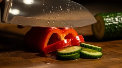 Close-up of a chef slicing a red bell pepper and cucumber on a wooden cutting board in a kitchen - Powered by Adobe