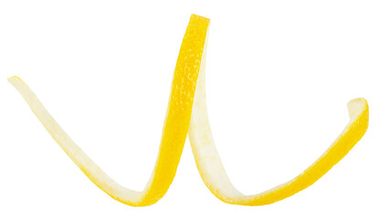 Thin lemon twist isolated on a white background. Lemon peel, cocktail ingredient. Healthy food.