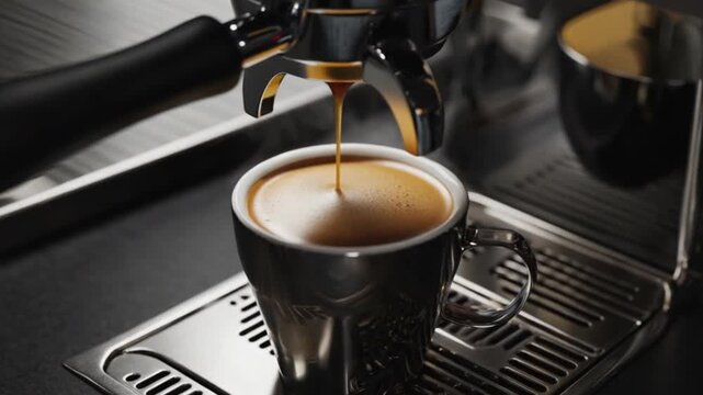 Close-up of espresso being brewed in a sleek coffee machine, with a modern kitchen background - Powered by Adobe