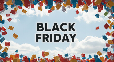 Black friday text with colorful shopping bags against a blue sky and white clouds background image