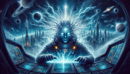 An illustration of a powerful super-being-an alien with glowing eyes who is energetically connected to a high-tech city and controls a supercomputer. Vector graphics. EPS.