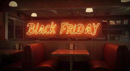 A vintage diner interior featuring a neon sign that reads black friday above empty booths and tables