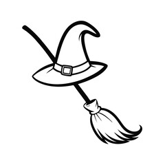 Whimsical witch hat and broomstick line art illustration for halloween or fantasy themes