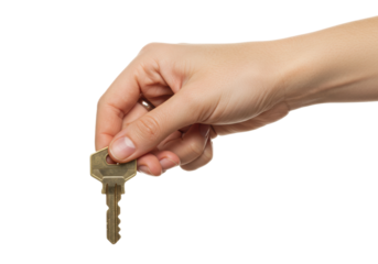 Unlocking potential key in hand indoor setting focused viewpoint concept of access and opportunity. Cut out PNG