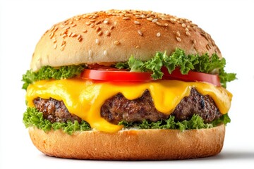 Delicious cheeseburger with lettuce and tomato on sesame seed bun