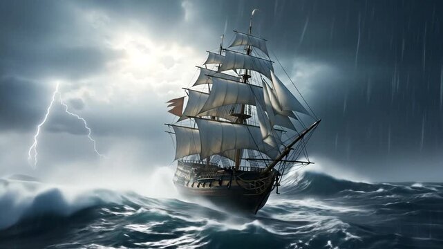 An old wooden tall ship with full sails battles a dangerous and dramatic storm on the open ocean.