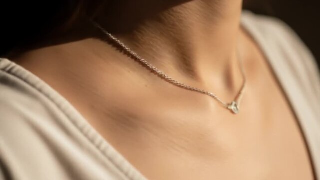 Close-up of a delicate silver necklace resting on a woman's collarbone in soft lighting with a blurred background