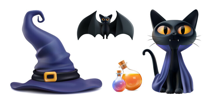 Halloween symbol 3d vector clipart. Black cat dracula, witch purple hat, vampire bat, magic potion. Kid costumed party invite element set. Spooky scary sale flyer, children realistic trick treat offer