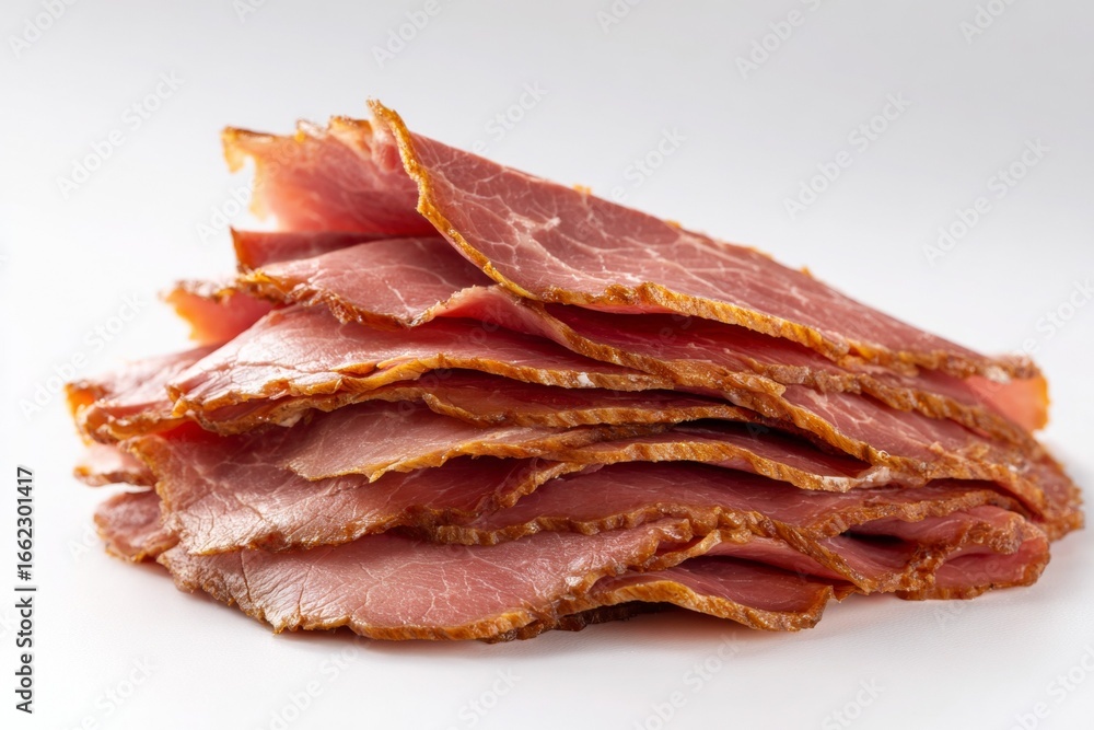 Poster stack of thinly sliced cured beef on white background