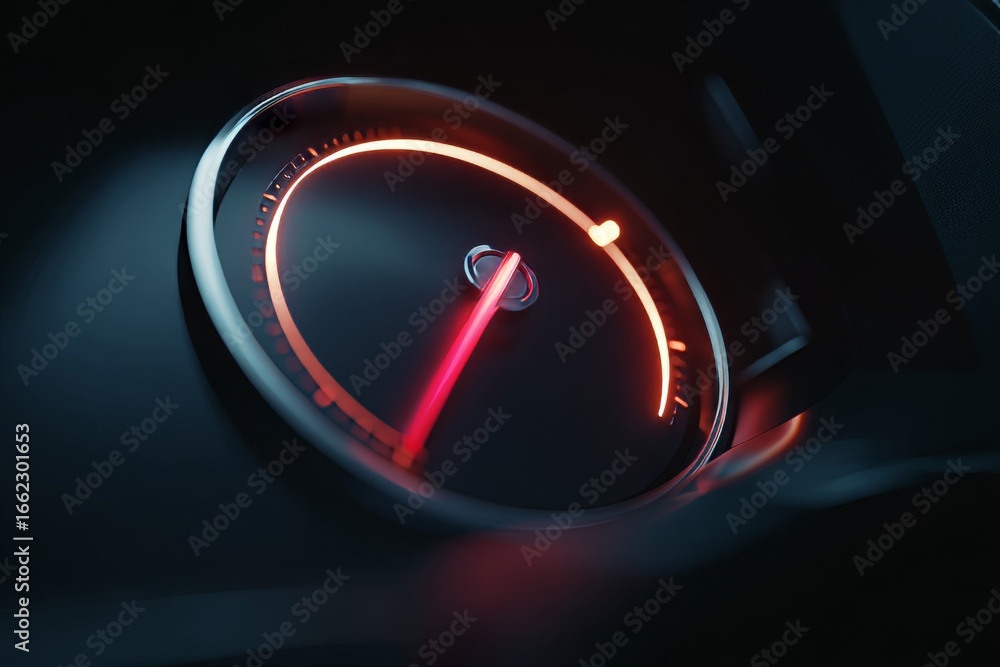 Poster close-up of red illuminated car speedometer with blurred background