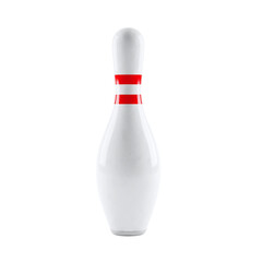 Single white bowling pin with red stripes