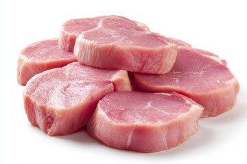 Fresh raw pork chops piled on white background
