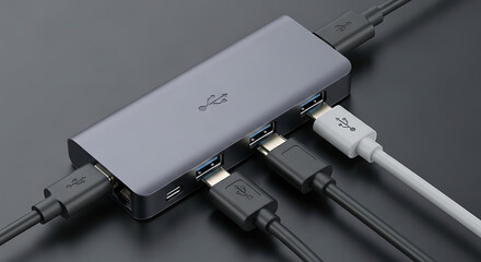 A close up of a usb hub with several cables plugged into it against a dark gray background surface ai generated