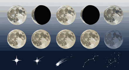 Obraz premium Celestial Phases and Cosmic Phenomena Full Moon Eclipsed Star Trails and Constellations in Night Sky