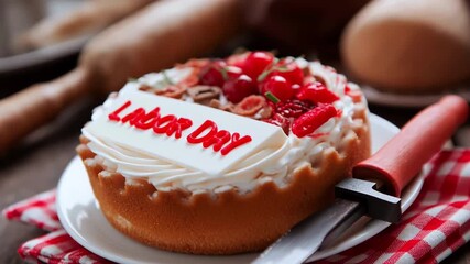 Delicious Labor Day cake adorned with fresh strawberries and nuts, displayed on a rustic wooden table, showcasing festive celebration and culinary delight