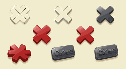 Obraz premium Red and White Cross Symbols Plus Two Black Close Buttons Isolated on Light Yellow Background