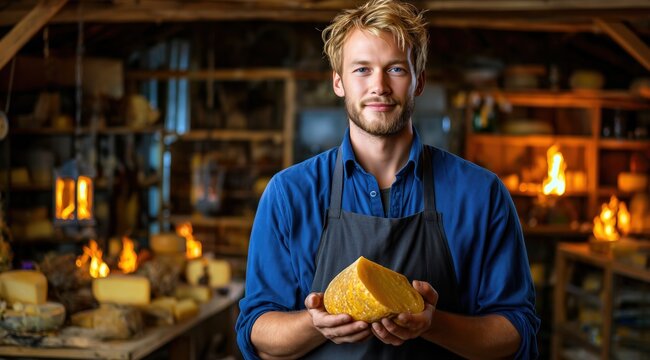 Portrait d'un artisan fromager blond souriant tenant un gros morceau de cheddar dans ses mains avec un arrière-plan flou de fromages de différentes variétés. - Powered by Adobe
