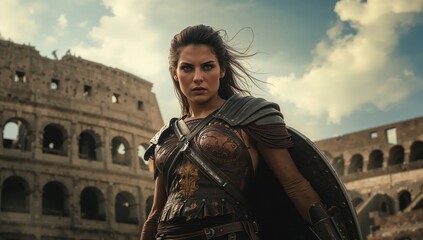 Strong female warrior dressed within detailed armor stands before the ancient Roman Colosseum under the dramatic sky, captured in warm daylight featuring a cinematic perspective