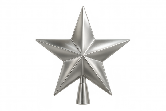Classic silver metal christmas star ornament for the top of the tree, isolated on transparent background, perfect for festive decorations