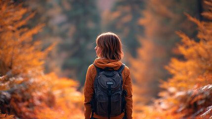 Young woman with backpack exploring dense forest trail during autumn