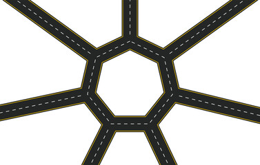 heptagonal road in the middle with straight arms from four directions from a top view, a circular road isolated from the background, an illustration. vector eps 10