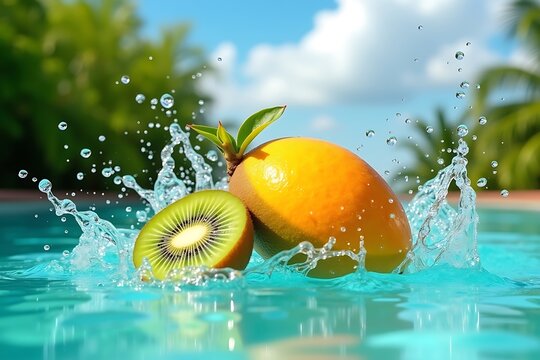 Fresh ripe mango and kiwi fruit splashing into bright blue tropical pool water paradise