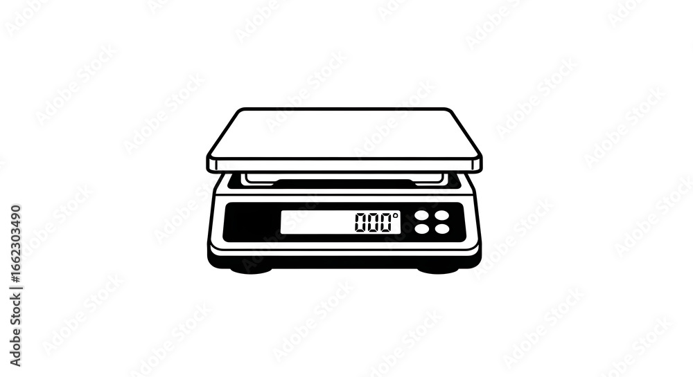 Poster a black and white illustration of a digital scale showing zero point zero zero degrees celsius readi