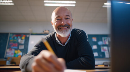 Obraz premium Smiling male teacher in online class, pointing at screen with pen